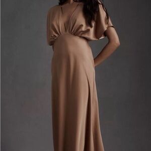BHLDN Leila Deep-V Flutter Sleeve Satin A-Line Gown | Sand Dune | Size 10